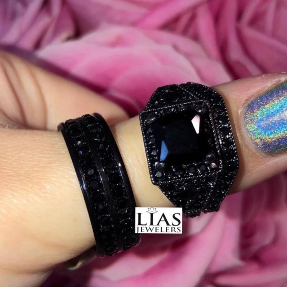 New s925 black gunmetal wedding ring set his and hers - Picture 2 of 3